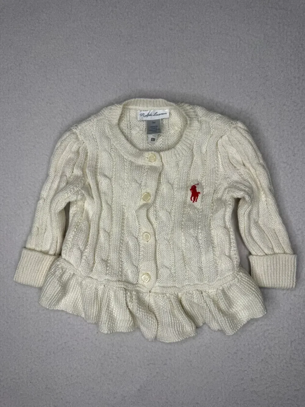 Ralph Lauren Baby Girls 3M Cream Cable Knit Ruffle Cardigan Sweater Red Pony
